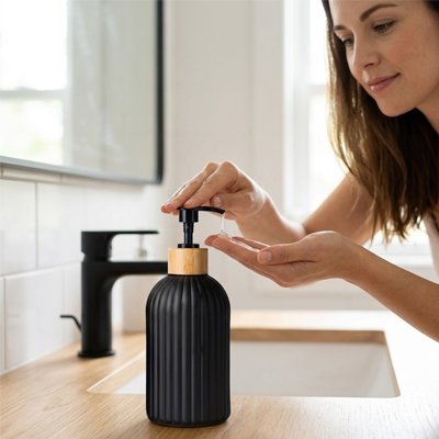 Distributeur de savon grande contenance, pompe manuelle, rechargeable, noir et doré