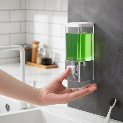 Distributeur de savon liquide blanc mural manuel transparent