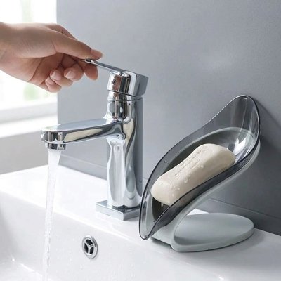 douche Porte savon, forme de feuille, socle gris antidérapant, conteneur détachable gris transparent