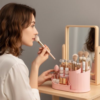 Organisateur de maquillage, rose, rotatif avec porte-brosse, grand rangement de cosmétiques rotatif