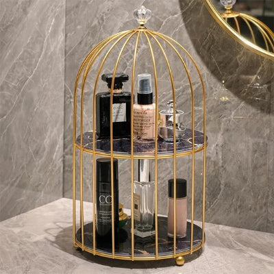 Organisateur maquillage 2 étages noirs, surface métallique design élégant style cage à oiseau dorée