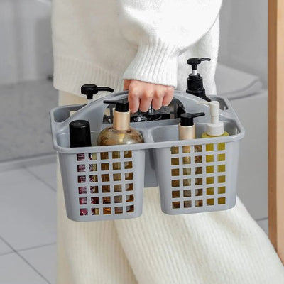 panier de rangement salle de bain grise avec poignée ergonomique