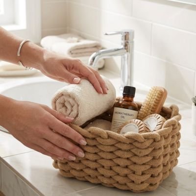 Panier de rangement salle de bain marron en coton grossier, tissé