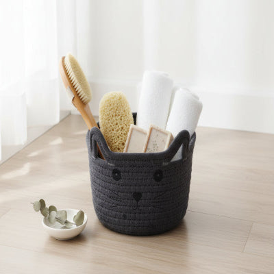 panier pour salle de bain chat coton tissé gris