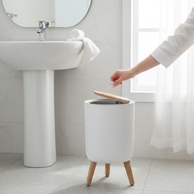 petite Poubelle salle de bain blanche, à pression à 3 pieds hauts bois