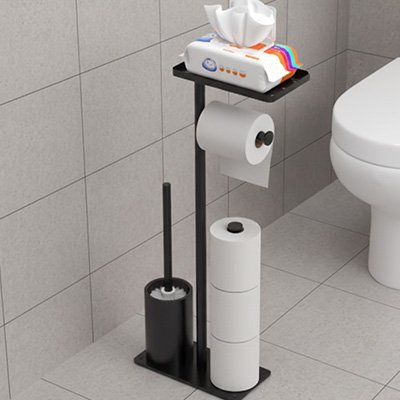 Porte rouleau papier toilette sur pied avec tablette pour lingettes, recharge du papier et brosse toilettes noir