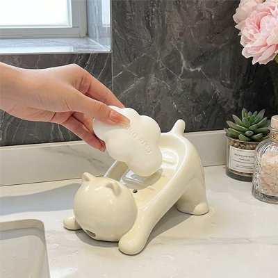 Porte savon pour douche blanc lisse, en chat mignon, petit format, avec trous d'évacuation,
