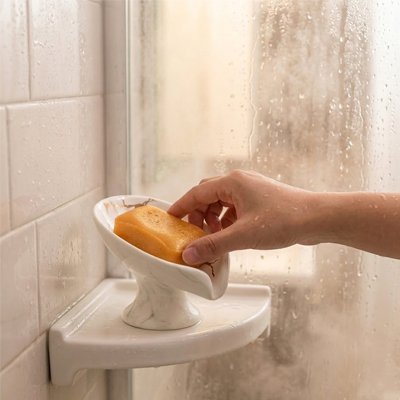 Porte savon ventouse blanc auto-drainant en céramique en forme de feuille, aspect marbre