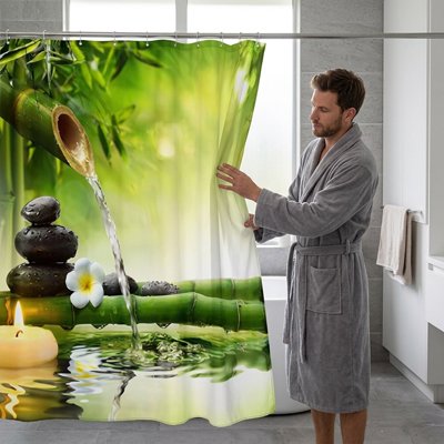 Rideau de douche, zen, bambou, naturel en polyester avec crochets, tissu de gril, décoration scénique