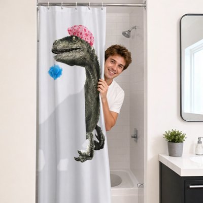 Rideaux de douche motif dinosaure mignon avec la tĂȘte qui sort