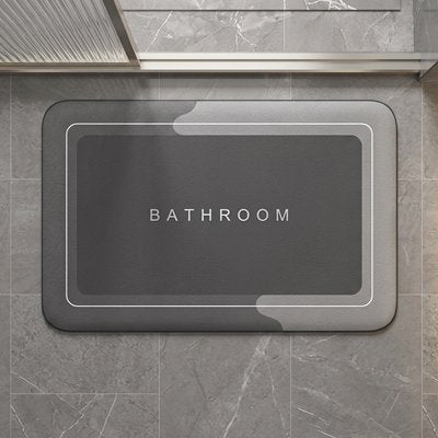 Tapis de douche antidérapant gris foncé rectangulaire avec des angles arrondis, imprimé bathroom, contour gris clair