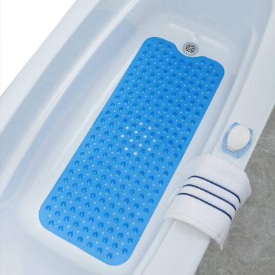 Tapis douche antidérapant bleu avec trous de vidange et ventouses pour salle de bain domestique