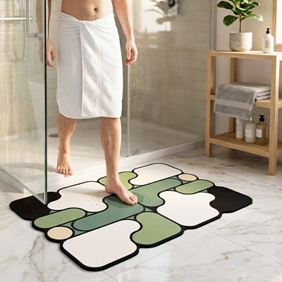 Tapis salle de bain motif patchwork géométrique vert et beige avec un contour noir