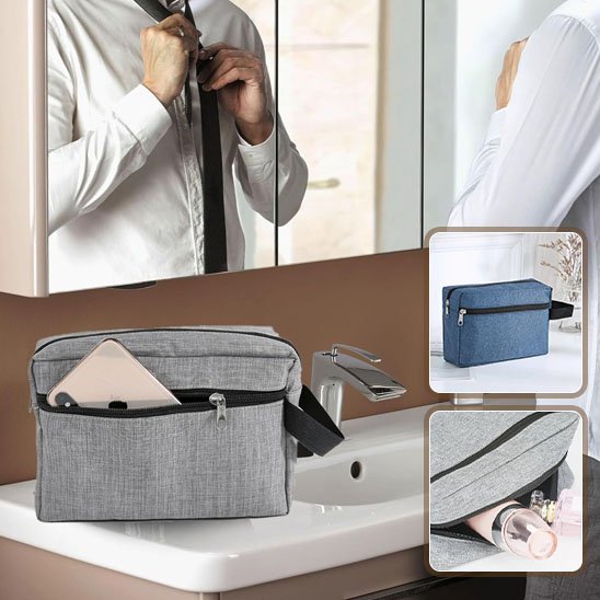 Trousse de toilette bleu ou grise à la fermeture éclair noire de forme rectangulaire