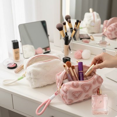 Trousse de toilette en peluche avec poignĂ©e rose blanche pour maquillage motif cĆur