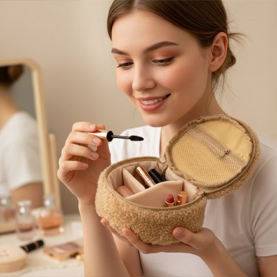 Trousse de toilette en peluche marron avec poignée ronde compartimentée