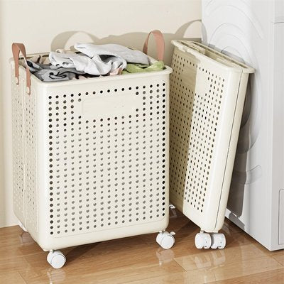 bac a linge pliable sur roulettes blanc crème