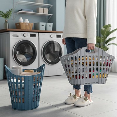 bac à linge sale bleu gris format familial pliable