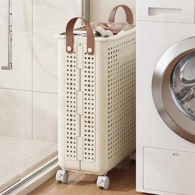 bac a linge sur roulettes avec poignées simili cuir