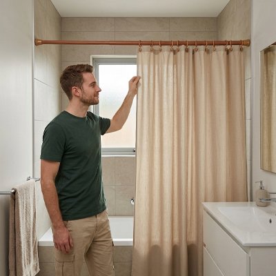 Barre  de rideau de douche, brun effet bois, à ressort en métal, poteaux télescopiques extensibles,