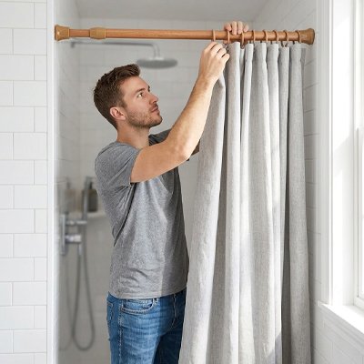 Barre de rideau de douche, brun effet bois réglable, à ressort en métal, poteaux télescopiques extensibles, 