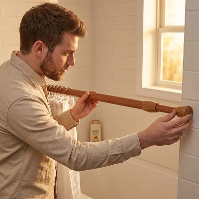 Barre de rideau de douche réglable, à ressort en métal, poteaux télescopiques extensibles, brun effet bois