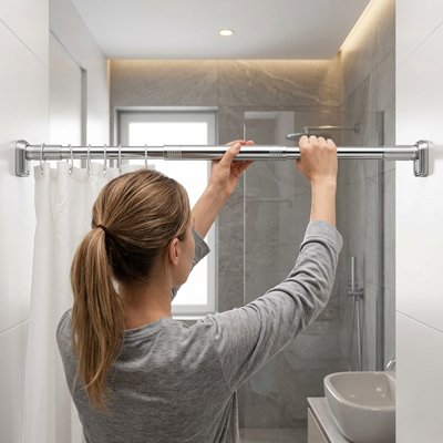 Barre pour rideau de douche sans percage, grise extensible