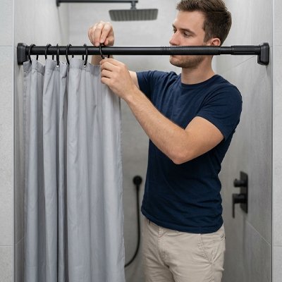 Barre rideau de douche,noire, sans perçage 