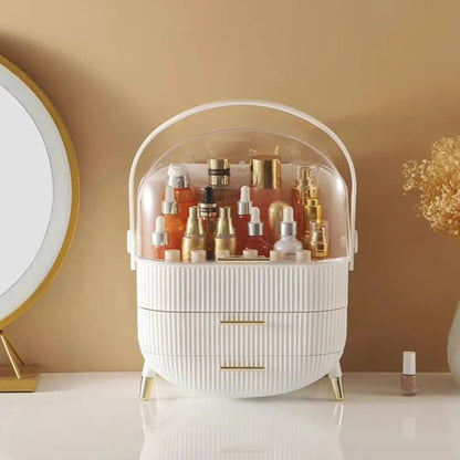 boite à rangement maquillage blanc Organisateur , design moderne avec un couvercle transparent et des poignées dorées.