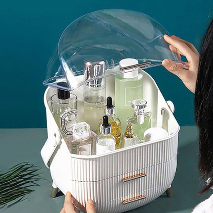 boite à rangement maquillage, Organisateur blanc, design moderne avec un couvercle transparent et des poignées dorées.