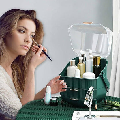 boite à rangement maquillage, vert émeraude, Organisateur, design moderne avec un couvercle transparent et des poignées dorées