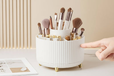 boite rangement maquillage, bleu, pied doré, Organisateur maquillage, 5 emplacements, 360 °