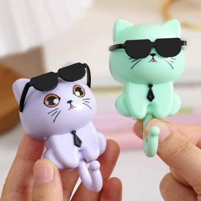 Crochets muraux mignon en chat portant des lunettes de soleil violet et vert 