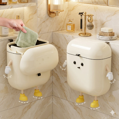 deux poubelles blanches en forme d'airpods murales et sur pieds dans une salle de bain
