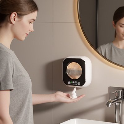 distributeur automatique de savon de mousse blanc, mural, rechargeable