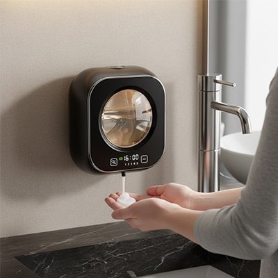 distributeur automatique de savon de mousse noir, mural sans perçage, rechargeable