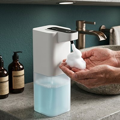 Distributeur automatique de savon mousse, blanc et transparent, sans contact, rechargeable