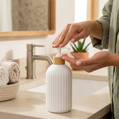 Distributeur de savon blanc et doré, avec pompe manuelle 