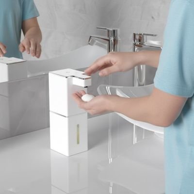 Distributeur de savon blanc pour mousse ou liquide à poser style tube rectangulaire