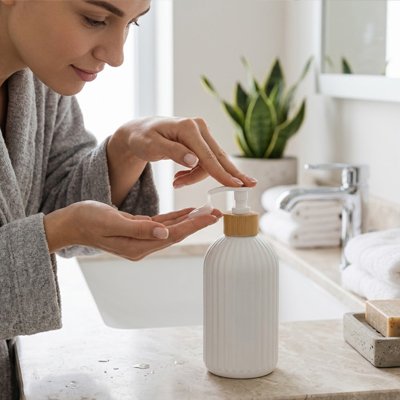 Distributeur de savon blanche et doré avec relief , rechargeable, avec pompe manuelle 