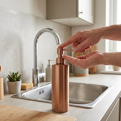 Distributeur de savon, cylindrique,​ finition métallique brossée ou brillante en or rose moderne et élégant