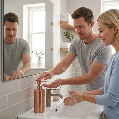 Distributeur de savon​, finition métallique brossée ou brillante, or rose moderne et élégant