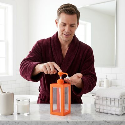 Distributeur de savon liquide manuel, grand modele, orange vif et transparent 