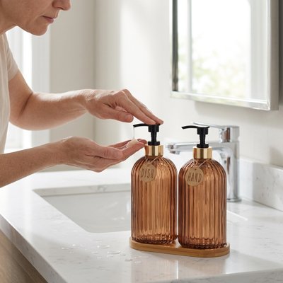 Distributeur de savon​ lot de deux bouteilles distributrices ambrées