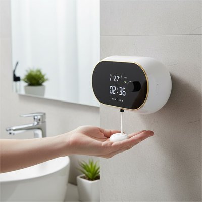 Distributeur de savon mural automatique de mousse ovale indicateur de température et horloge