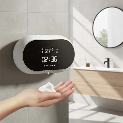Distributeur de savon mural automatique indicateur de température et horloge blanc écran noir