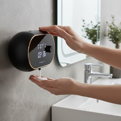 Distributeur de savon mural automatique noir ovale indicateur de température et horloge