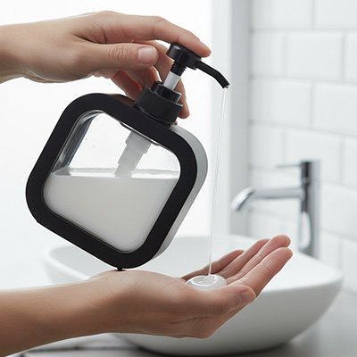 Distributeur de savon noir design carré transparent au centre rechargeable 