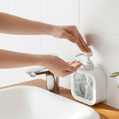 Distributeur de savon rechargeable blanc design carré transparent au centre