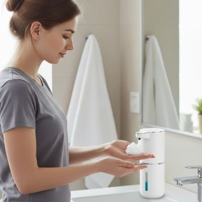 Distributeur de savon salle de bain automatique​ blanc indicateur de niveau